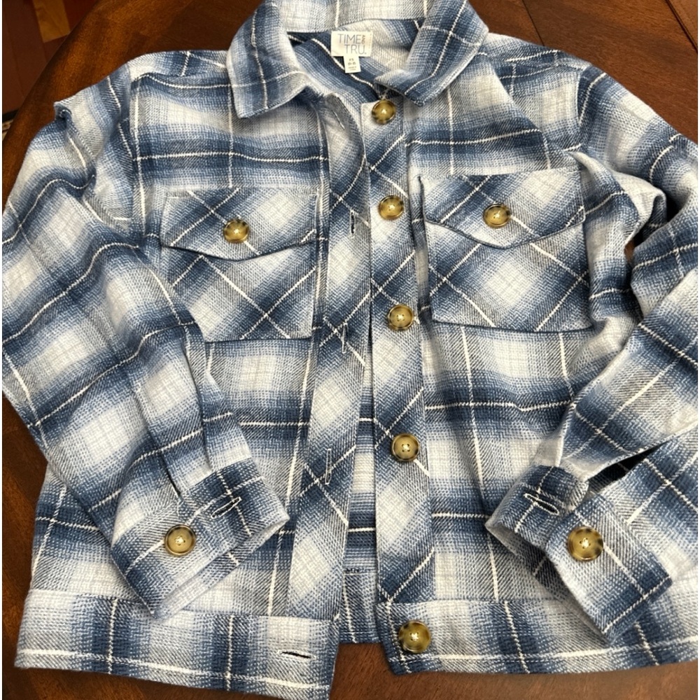 Time and Tru Cropped Blue Plaid Shacket Cabincore Pockets XS